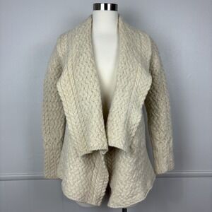 Aran Sweater Market Merino Wool Cream Waterfall Cardigan Cable Knit Size M Irish
